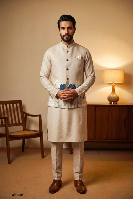 Cream Outluk Wedding Vol 63 Linen Modi Jacket Collection W6302.